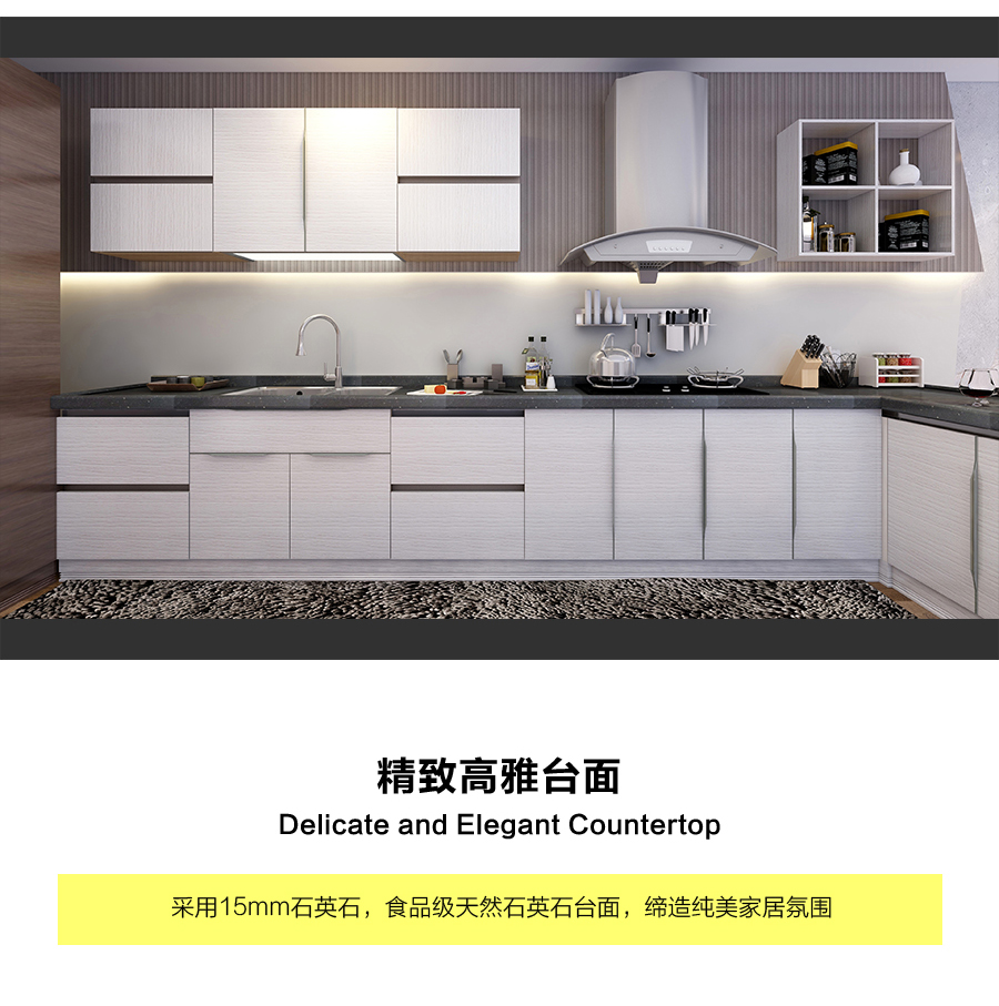 星空梵高定制櫥柜 現(xiàn)代簡約整體定制櫥柜 石英石臺(tái)面定制櫥柜 雙飾面-橫紋白浮雕顆粒定制櫥柜