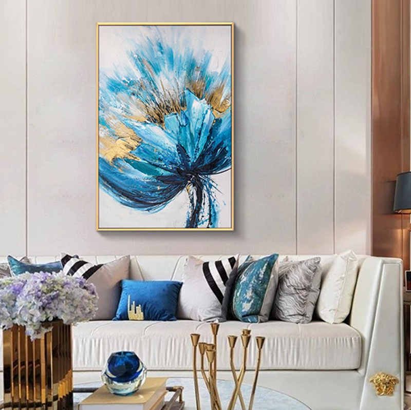 現代簡約客廳裝飾畫 臥室原創(chuàng)手繪畫 走廊過道環(huán)保PS框掛畫 藍花