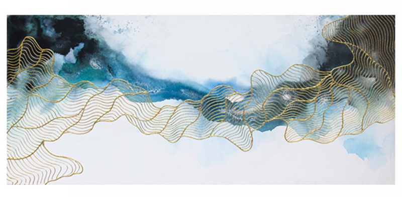 新中式客廳裝飾畫(huà) 餐廳原創(chuàng)純手繪金線(xiàn)畫(huà) 臥室環(huán)保PS框掛畫(huà) 藍(lán)色水韻