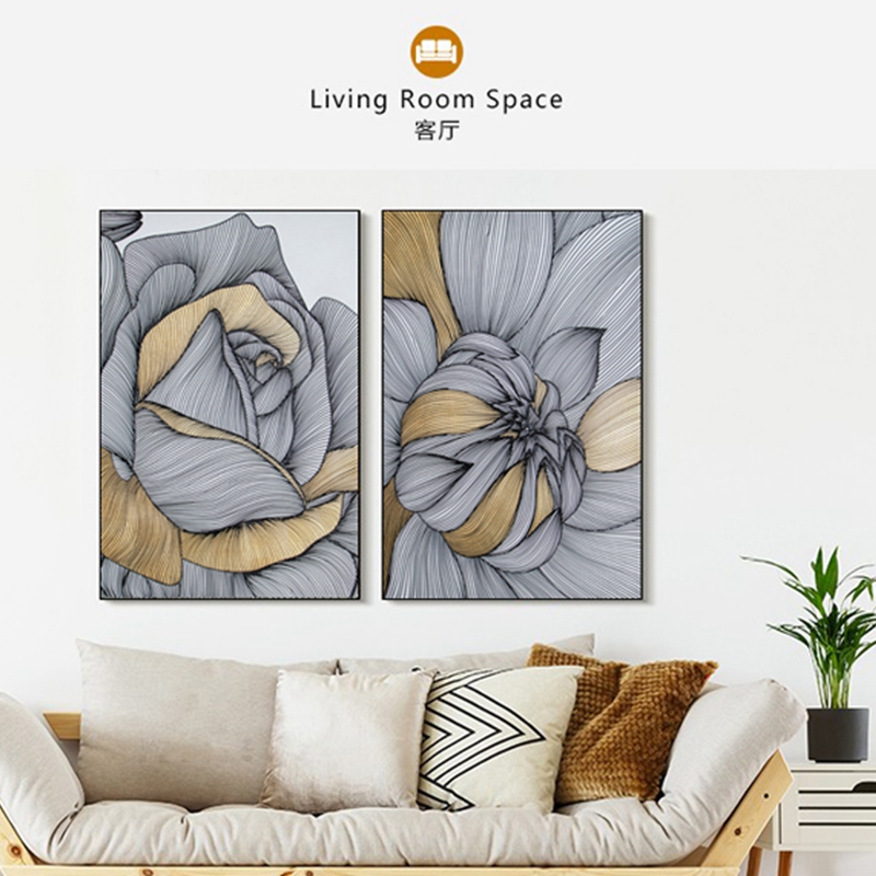 新中式客廳裝飾畫 餐廳原創(chuàng)純手繪線條畫 玄關環(huán)保PS框掛畫 花朵