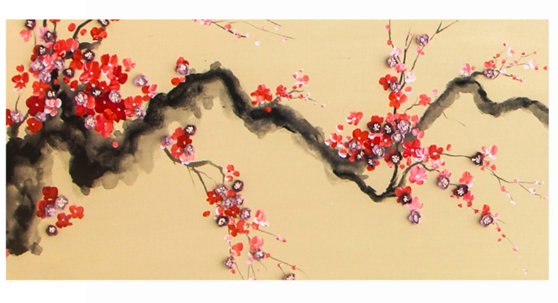 新中式客廳裝飾畫 臥室原創(chuàng)實物畫 玄關環(huán)保PS框掛畫 紅梅花兒開