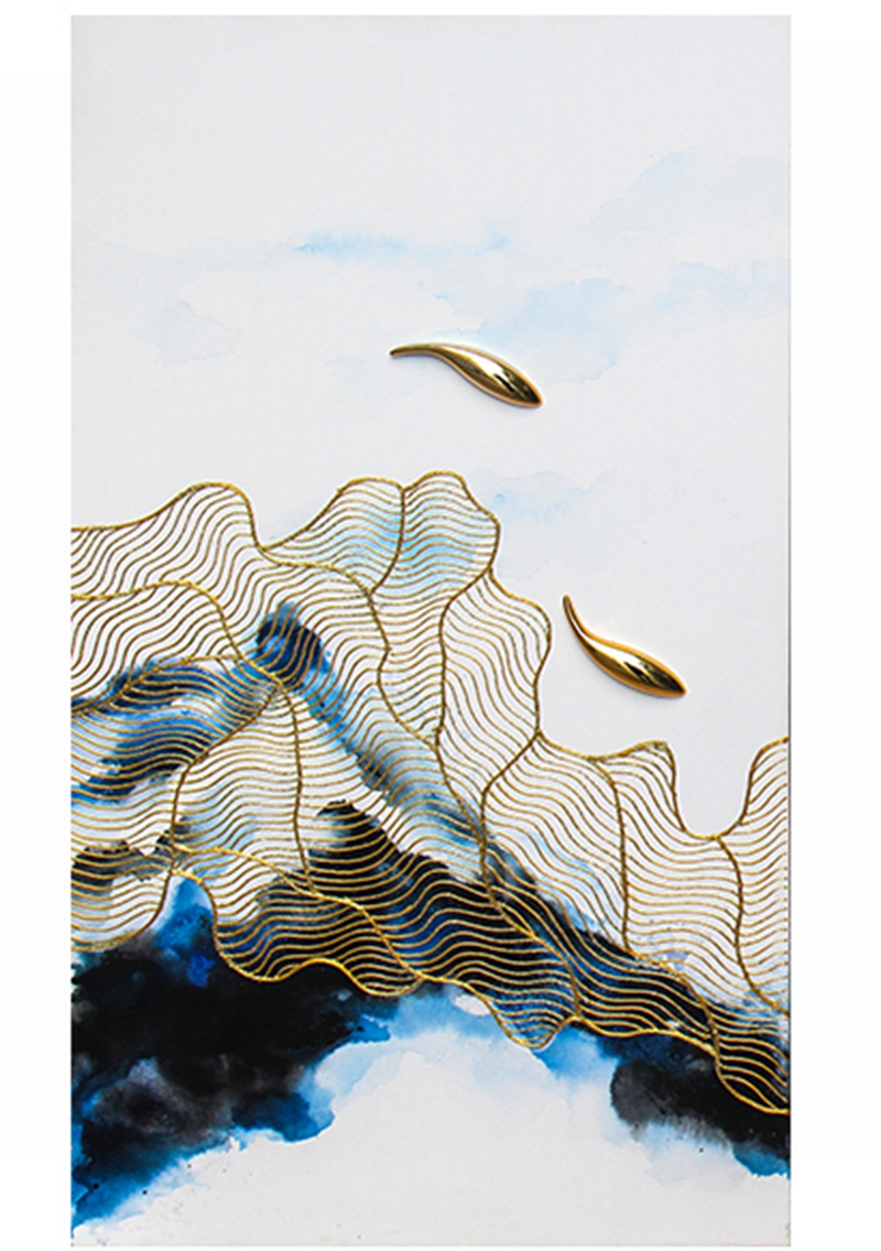 新中式客廳裝飾畫(huà) 餐廳原創(chuàng)純手繪金線(xiàn)畫(huà) 玄關(guān)環(huán)保PS框?qū)嵨锂?huà) 魚(yú)水情