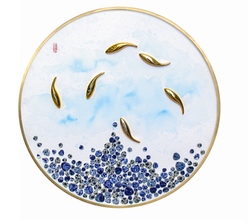 中式客廳裝飾畫 臥室實物畫 玄關不銹鋼金屬圓框掛畫 魚