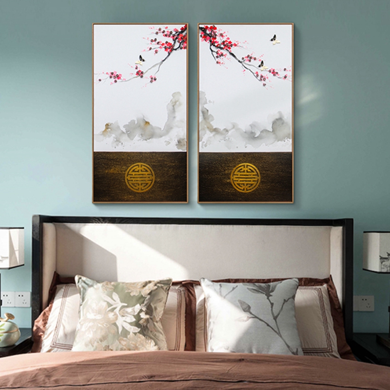 新中式客廳裝飾畫 臥室原創(chuàng)純手繪報春圖 玄關(guān)環(huán)保PS框掛畫 報春圖