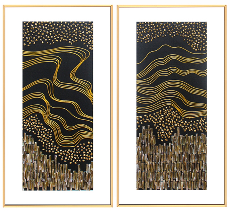 新中式客廳裝飾畫 餐廳原創(chuàng)純手繪線條貝殼畫 玄關鋁合金框?qū)嵨锂?/></p><p style=