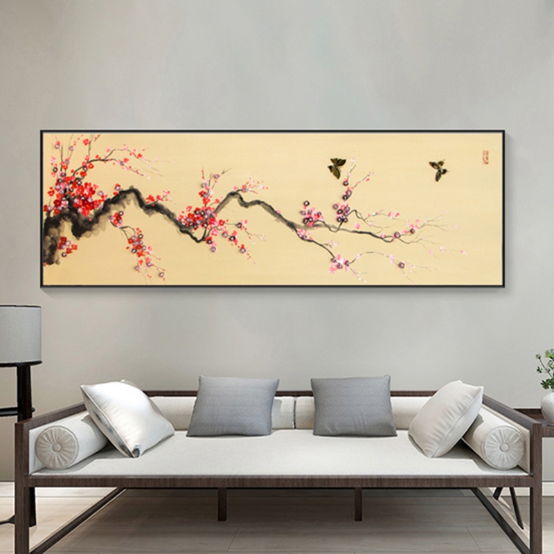 新中式客廳裝飾畫 臥室原創(chuàng)實物畫 玄關環(huán)保PS框掛畫 紅梅花兒開