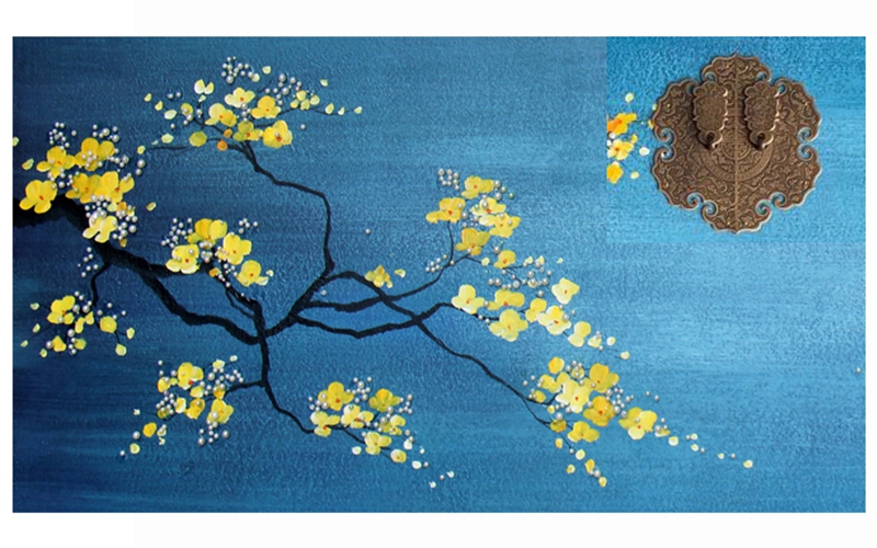 新中式客廳裝飾畫 餐廳原創(chuàng)實物畫 玄關(guān)環(huán)保PS框掛畫 黃梅花