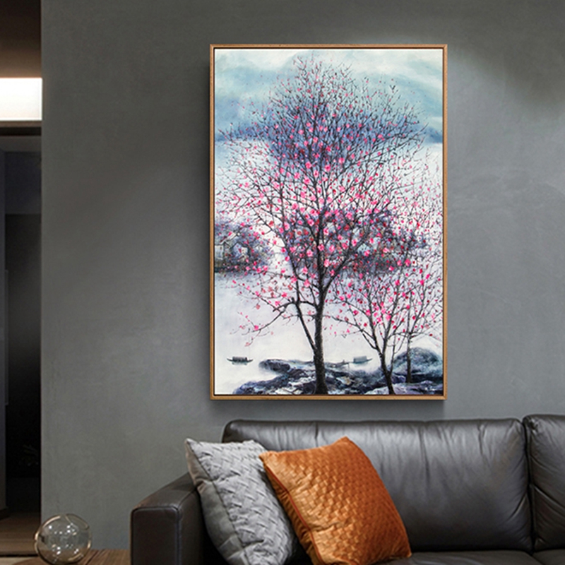 新中式客廳裝飾畫 書房原創(chuàng)純手繪梅花圖 臥室環(huán)保PS框掛畫 桃花